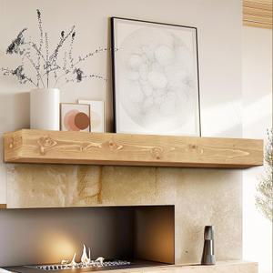 60" Fireplace Mantel, 5'' Thick Handmade Hollow Solid Wood Wall Long Floating Shelf with Invisible Wood Brackets, Wood Color, 60x5x8-hollow