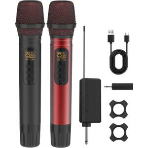 Wireless Microphones, UHF Metal Dual Handheld Cordless Dynamic Karaoke Microphone Wireless, 1/4 "Output for Rechargeable Wireless Microphone,Suitable for Wedding, Party, Speech,Class Use, 240ft