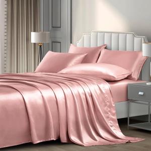 Pothuiny Satin Sheets Queen  Luxury Silky Satin Bed Sheets, 6 Pieces, Champagne, 1 Fitted + 1 Flat + 4 Pillow Cases