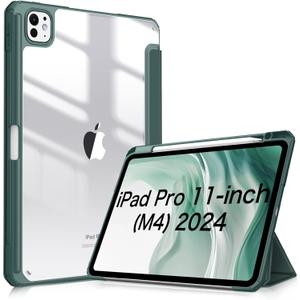 Fintie Hybrid Slim Case for iPad Pro 11-inch M4 (2024) (Model Number: A2836/A2837/A3006) - [Built-in Pencil Holder] Shockproof Protective Cover with Clear Transparent Back Shell, Midnight Green