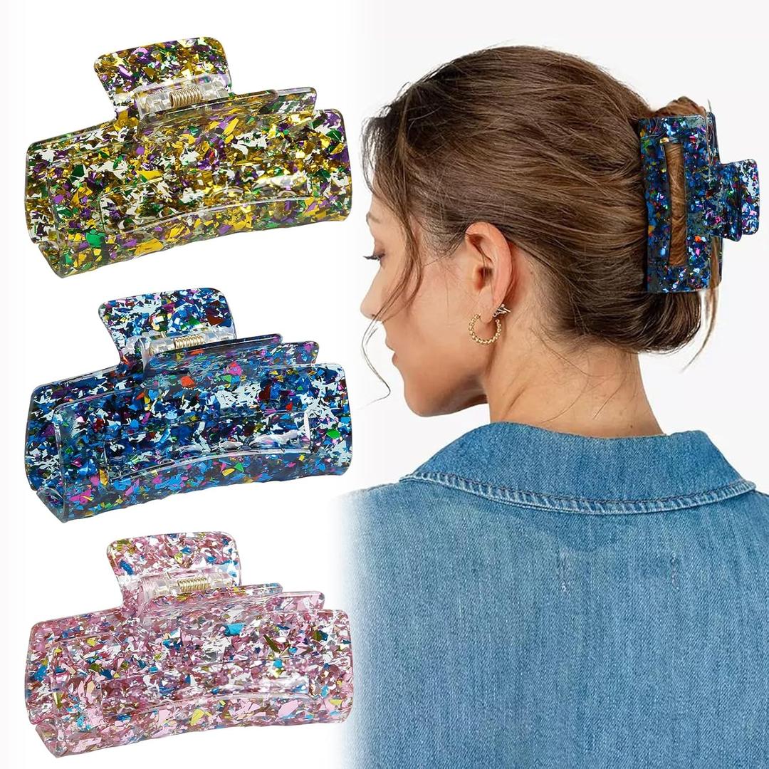 3PCS Glitter Hair Claw Clips for Women, Strong Hold Hair Clips for Thick Hair Non Slip Hair Barrette Jaw Clamps Tight Hair Clip for Women, 3.5 Inch