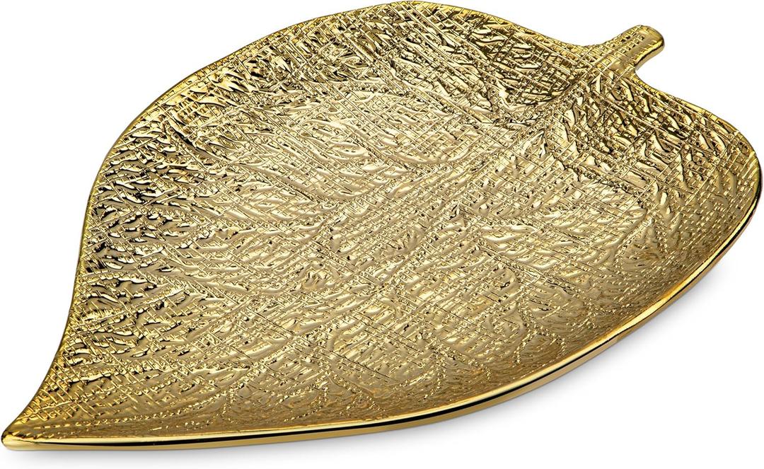 Oversized Leaf-Shaped Ceramic Jewelry Tray, 12.6" Large Decorative Tray Gold Vanity Trays for Rings, Necklaces, Keys, Gifts for Mom, Coffee Table Decor, Entryway Table Trays, 1 Pack