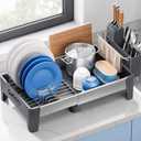 Urackify Expandable Dish Drying Rack, Stainless Steel Dish Rack with Aluminum Frame, Dish Drainer for Kitchen Counter, Space Saving Kitchen Drying Rack with Movable Utensil Holder, Gray