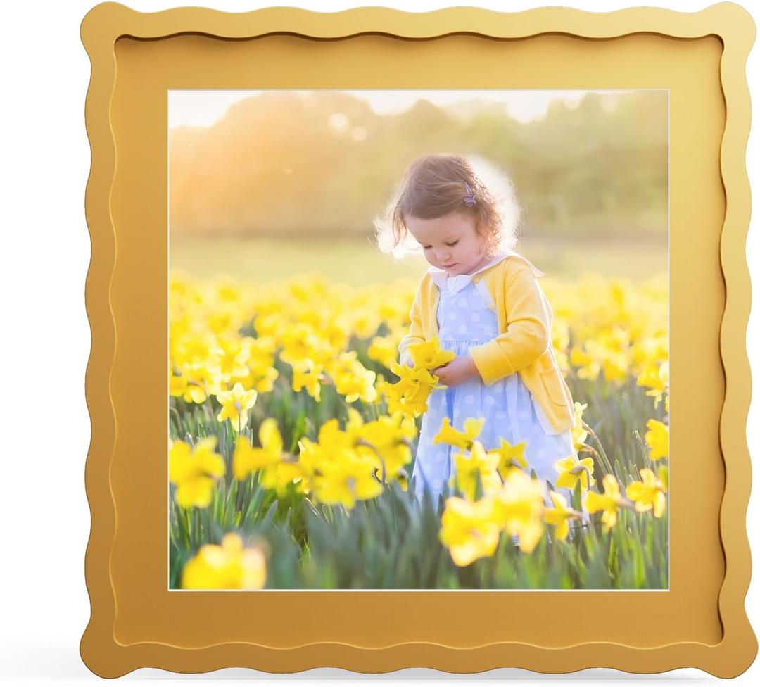 12x12 Picture Frame with Mat for 10x10, Wavy Edge Wooden Real Glass Photo Frame for Wall Hanging, Yellow, 1 Pack