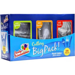Party Dimensions 300 Count Plastic Cutlery Combo Box, Disposable Clear Plastic Silverware Utensils Set, 100 Forks, 100 spoons, 100 knives