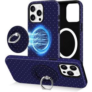 Jusy Compatible with Magsafe Polka Dot Phone Case for iPhone 16 Pro Max, Cute Aesthetic Magnetic Ring Holder Stand Case, Soft TPU and Hard PC Protective Phone Cover for Women Girls - Blue Polka Dot