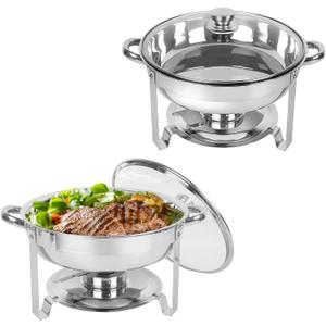 IMACONE Chafing Dish Buffet Set of 2, 5QT Round Stainless Steel Chafer for Catering in Glass Lid, Chafers and Buffet Warmer Sets w/Food & Water Pan, Frame, Fuel Holder for Serving Event Party Holiday