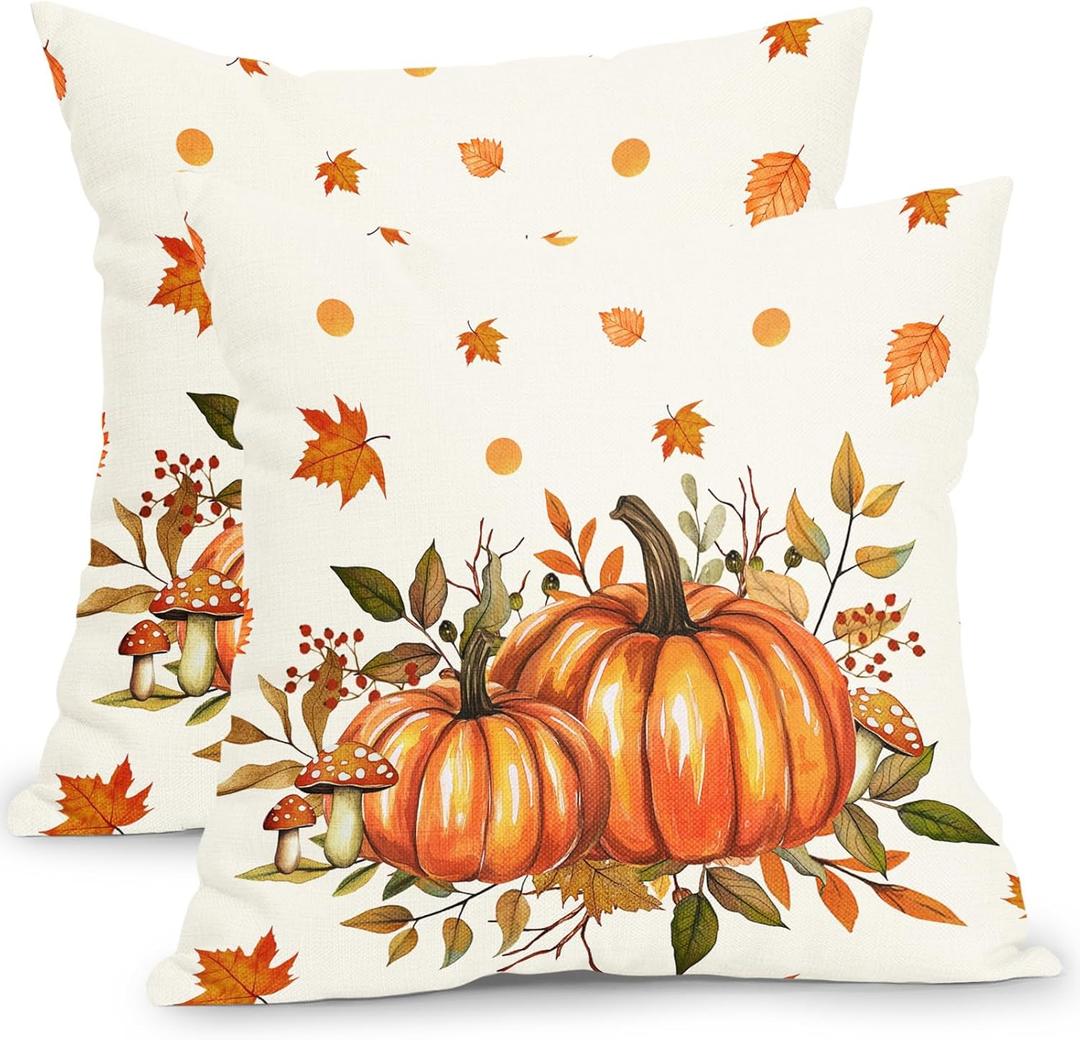 Fall Throw Pillow Covers 18x18 Inch Set of 2 Orange Autumn Pumpkin Decorative Outdoor Pillow Covers Thanksgiving Pillowcases Cotton Linen Cushion Covers for Couch Bedroom Home Decor