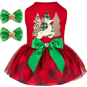 cyeollo Dog Christmas Dress Holiday Outfit for Dogs, Reindeer Plaid Clothes for Small Dogs Girl Xmas Tree Pet Appeal Costume, Red M