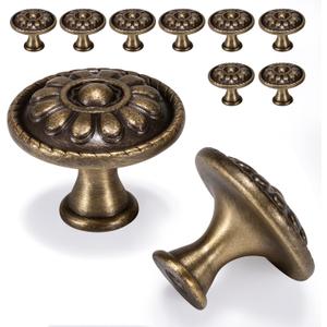 10 Pack Antique Brass Cabinet Knobs, Vintage Retro Drawer Knobs, Solid Round Dresser Knobs for Nightstands Single Hole Cabinet Hardware, Diameter 1.18 In