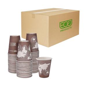 ECO PRODUCTS Compostable Disposable World Art 8oz Small Coffee Cups, Case of 1000, Renewable Hot Paper Cup, Plant Based PLA Lining, Color Coded