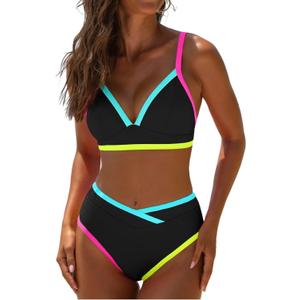 popvil 2 Piece Swimsuit for Women Neon High Waisted Bikini Sets | Adjustable straps V Neck Bathing Suits;high cut swimwear; great for summer, beach&pool (Black, XL)