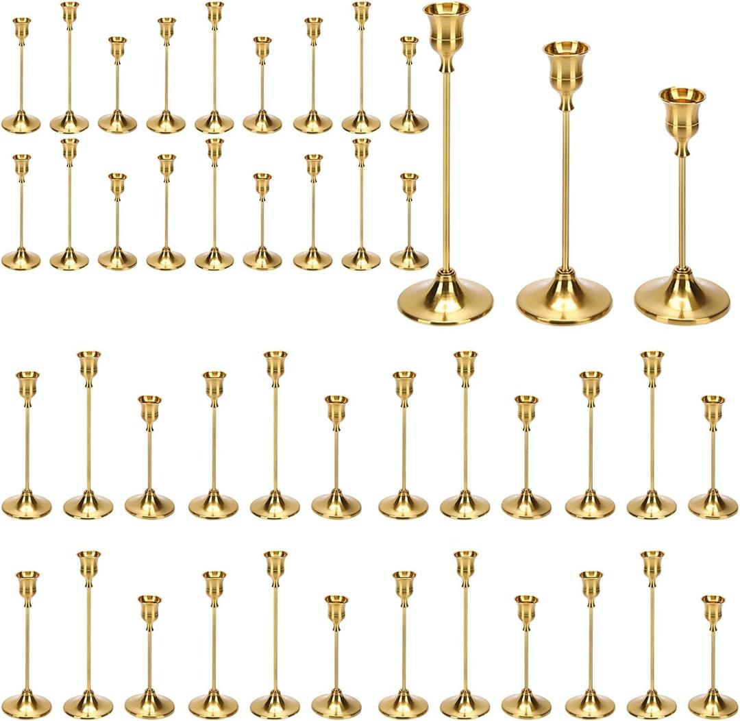 48PCS Brass Gold Taper Candle Holders Set, Gold Candlestick Holders Bulk Gold Candle Holders Vintage Metal Candlestick Holders for Wedding Reception, Centerpiece, Festive Mantel Decoration