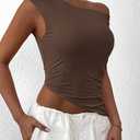 PRETTYGARDEN Womens Off The Shoulder Y2K Tops 2026 Summer Sleeveless Asymmetrical Ruched Going Out Tank Top Fashion Clothing (Brown, S)