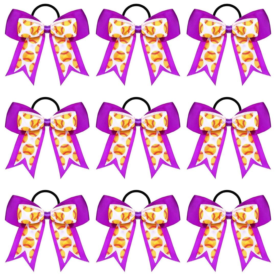 7 x MTLEE 9 Pcs 5.1 Inch Purple Softball Ribbon Hair Bows Elastic Cheer Scrunchies Cheerleader Bows Volleyball Sports Ponytail Holder Sport Hair Accessories for Girl Player