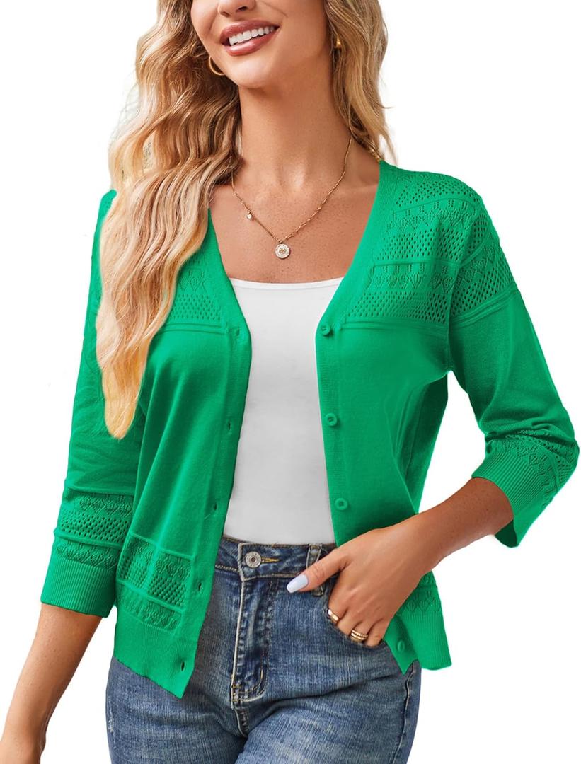 GRACE KARIN Women's 2025 Cropped Cardigan 3/4 Sleeve Lightweight Crochet Shrug Hollowed-Out Knit Sweater Tops (X-Large, Dark Green)