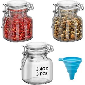 3Pcs 3.4oz Small Airtight Glass Spice Jars with Lids & Clip Top, Small Glass Mason Jars Square Bottles, Herb Jars, Mason Jars, Seasoning Containers (3)