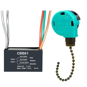 YukiHalu Ceiling Fan Pull Chain Switch 3 Speed 4 Wire, Ceiling Fan Capacitor CBB61 4uf + 4uf + 2.5uf 5 Wires 250V, Light Switch for Fan and Light (ZE-268S6 Antique, 4+4+2.5uF)