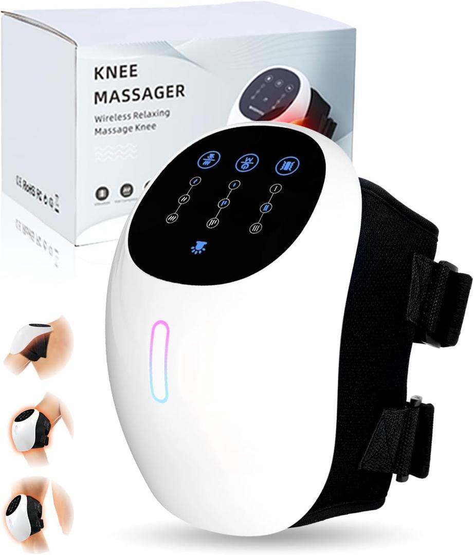 Knee Massager, 3-in-1 Cordless Portable Massager, 3 Vibration Modes and 3 Heating Levels, LED Screen with Adjustable Straps for Family and Friends (Snow-white)