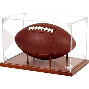Clear Acrylic Football Display Case with Wood Base & Tee, Memorabilia Stand Cube Holder, Dust Protection Transparent Storage Box for Single Ball Souvenir Football Collections (1 Pack)