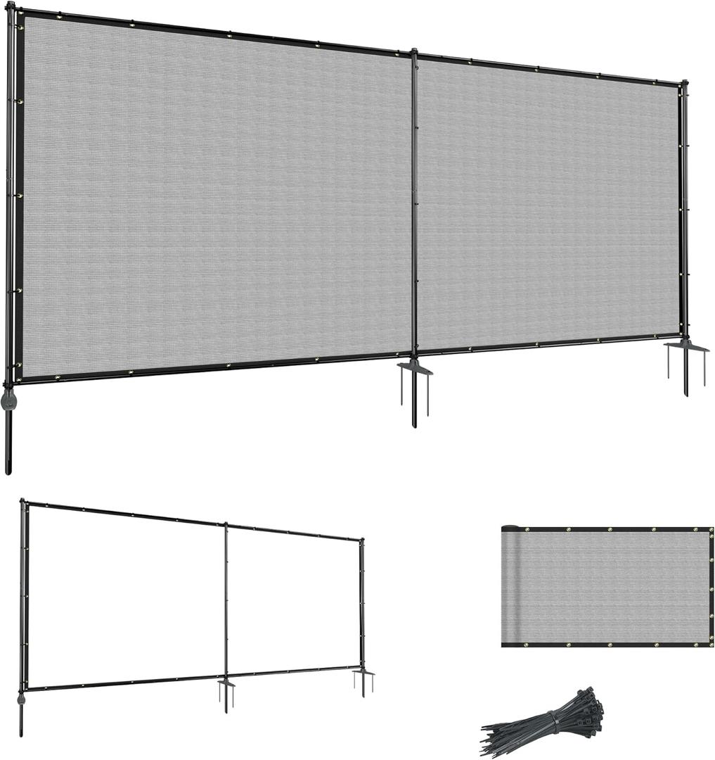 6'Hx12'W Outdoor Freestanding Privacy Screen Fence Panels with Iron Poles, Mesh Shade Net Cover Temporary Fencing for Patio Backyard Garden Deck, Light Gray (0 6'x12')