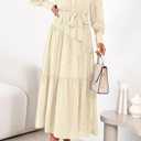 dowerme Women's Casual Dresses 2025 Fall Fashion Long Sleeve Button Up Floral Print Belted Tiered Boho Maxi Party Dress (Beige, M)