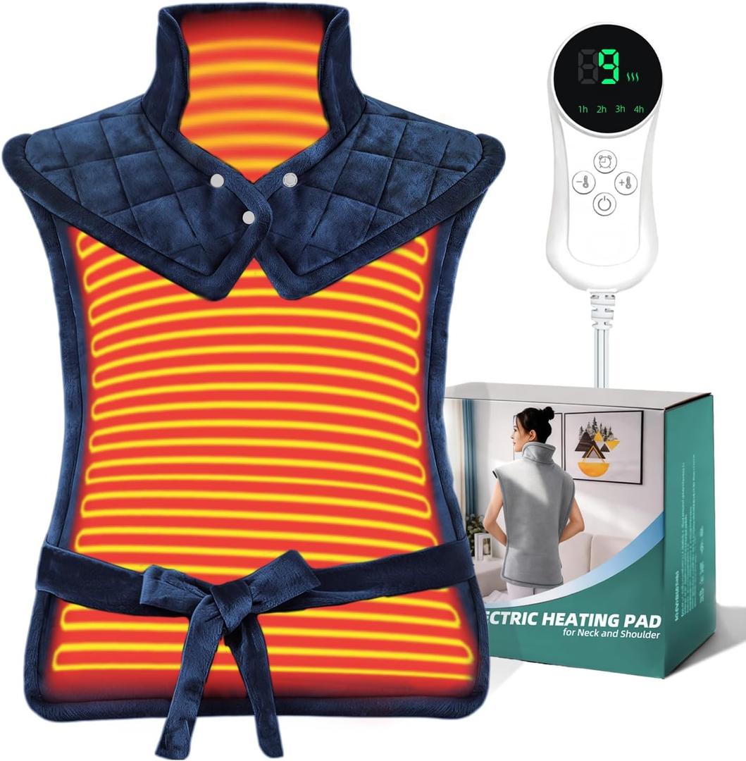 Heating Pad for Neck, Shoulders and Back, 24"x37" Large Weighted Electric Heated Pad with 9 Heat Settings & 4 Timer Options, Auto Shut-Off, Machine Washable Grandmother Birthday Christmas Women Gift (Blue)