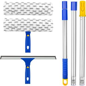 ITTAHO Squeegee for Window Cleaning,12" Squeegee and 11" Microfiber Scrubber Combi with Stainless Steel Pole,Extendable Window Cleaner for Car,Sliding Door,Shower Glass Door-Swivel Style-2 Pads (Blue)
