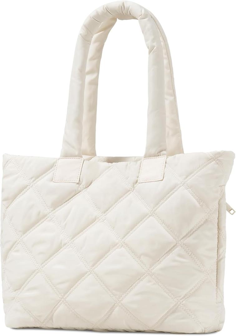 Puffer Tote Bag for Women, Quilted Bag with Zipper, Small Tote HandBags for Work, Travel (Medium-beige)