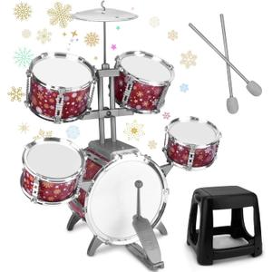 Kids Drum Set for Toddlers Musical Jazz Drum with Stool Toys for 3-5 4-6 5-7 Boys Girls Birthday, Red