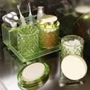 Glass Bathroom Accessories Set 5Pcs Crystal - Foaming Soap Dispenser, Soap Dish, Cup, Acrylic Toothbrush Holder with Tray Organizer, Qtip Jar, Bathroom Counter Set Sink Decor (Green)