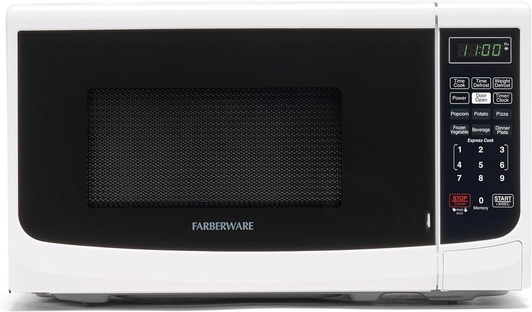 Farberware 0.7 Cu. Ft. Countertop Microwave Oven  700 Watts Power, Auto Cook Settings, Defrost, Easy Clean and Child Safety Lock - White