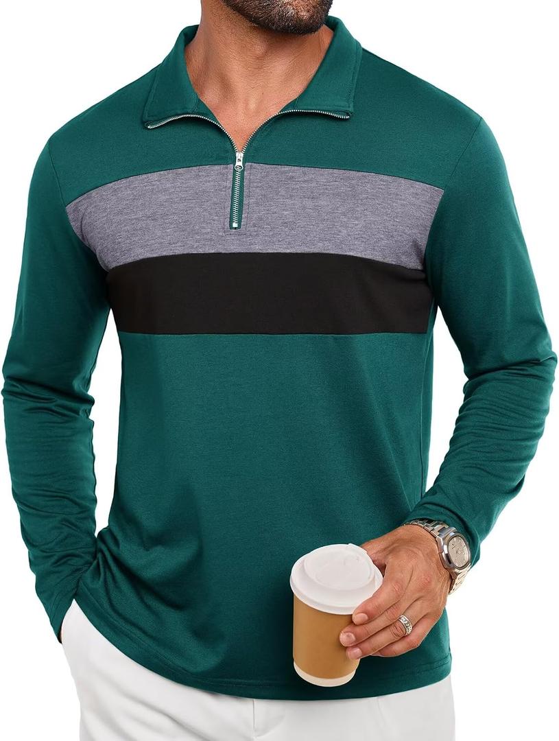 Mens Quarter Zip Polo Shirt Long Sleeve Color Block T Shirts for Men Lightweight Casual Striped Golf Polos (Green, XL)