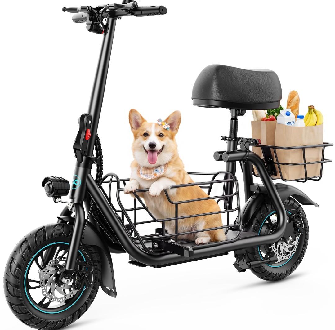 Gyroor Electric Scooter with Seat for Adults 20 Miles Range | 550W Motor, Pet Basket, 18.6 MPH Speed, 12" Tires, Foldable Design