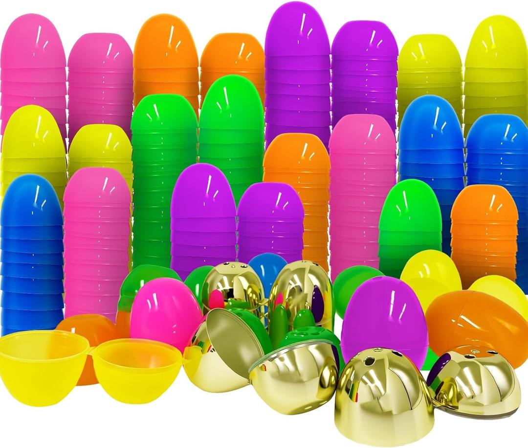 300 Pcs Plastic Easter Eggs Bulk Mega Pack (2.3") - Fillable Empty Easter Eggs with 6 Golden Eggs, 6 Bright Colors - Giant Easter Egg Hunt Event Supplies, Church & School Party Favors