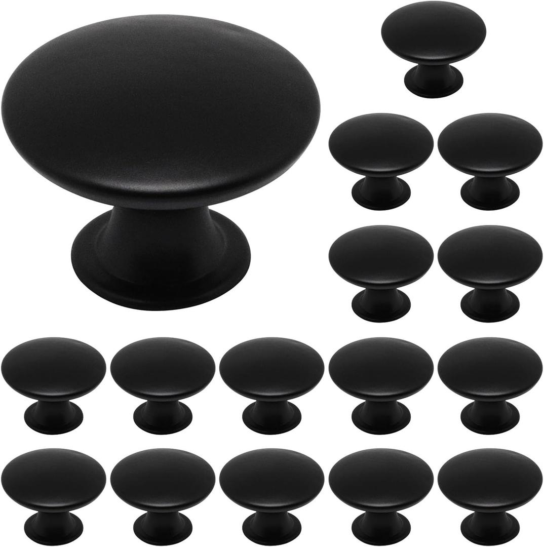 16 Pcs Black Cabinet Knobs, Round Dresser Knob Kitchen Drawer Knobs, Single Hole Cupboard Door Knob Dresser Drawer Pulls Handles