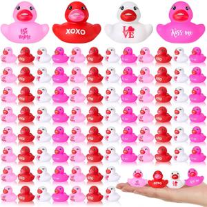 Jenaai 100 Pcs Valentine's Day Bath Toys Ducks Assorted Pink Red White Mini Rubber Ducks Toy Bulk Small Tiny Ducky for Valentines Classroom Exchange Gifts Party Favors