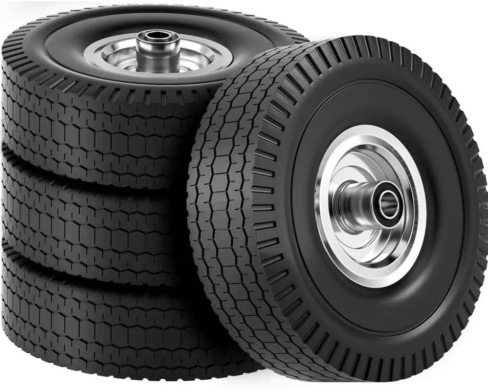 4.10/3.50-4 Tire & Wheel Flat Free, 4 Pack Heavy Duty Solid PU Non-inflated Tires with Double Sealed Bearings, 5/8 in Axle Bore Hole & 2.15 in Offset Hub for Dolly/Dump Cart/Wheelbarrow