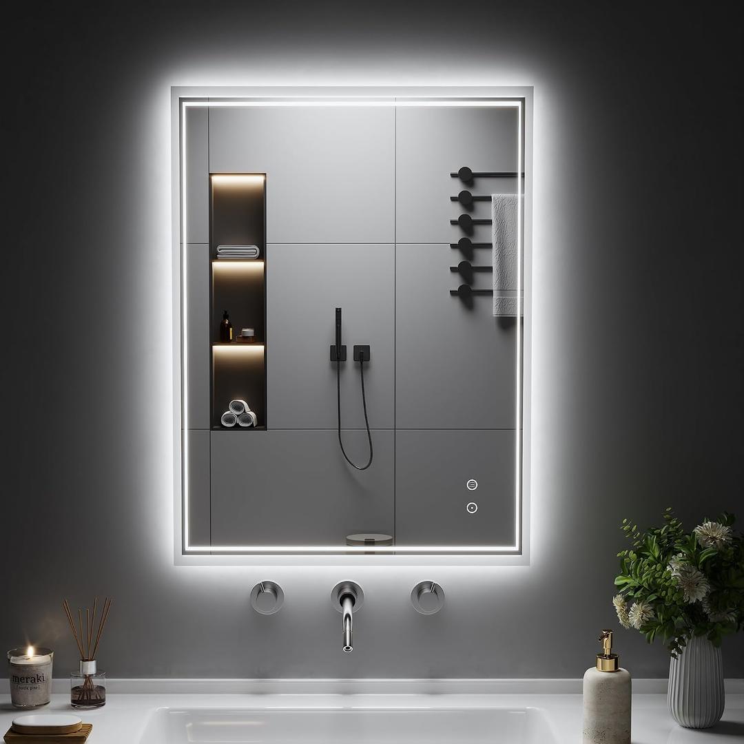 LED Bathroom Mirror, 24"x32" Vanity Mirror with Lights, IP44 Enhanced Anti-Fog, 3 Colors Dimmable, Backlit, Memory Function, Led Mirror with Light for Bathroom, Horizontal/Vertical