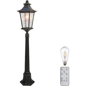 47.3 Inch Black Solar Lamp Posts Outdoor Waterproof Aluminum Solar Pole Lights with Water Ripple Glass Dusk to Dawn Outdoor Post Lights Hard Wired Include Remote Control and LED Bulb