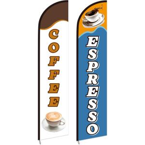 2 Pack Coffee Espresso Feather Flags Cafe Feather Swooper Banner 2.5 x 12 ft Tall Heavy Duty Coffee Espresso Shop Advertising Market Sign Weatherproof Outdoor Business Flag Only(Classic)