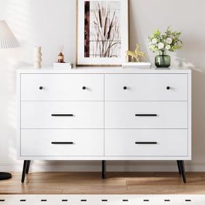 DWVO White 6 Drawers Dresser, Modern Wood Dresser Chest of Drawers with Black Metal Handle  Anti-Tipping Device, Modern Storage Cabinet for Hallway, Entryway, Living Room
