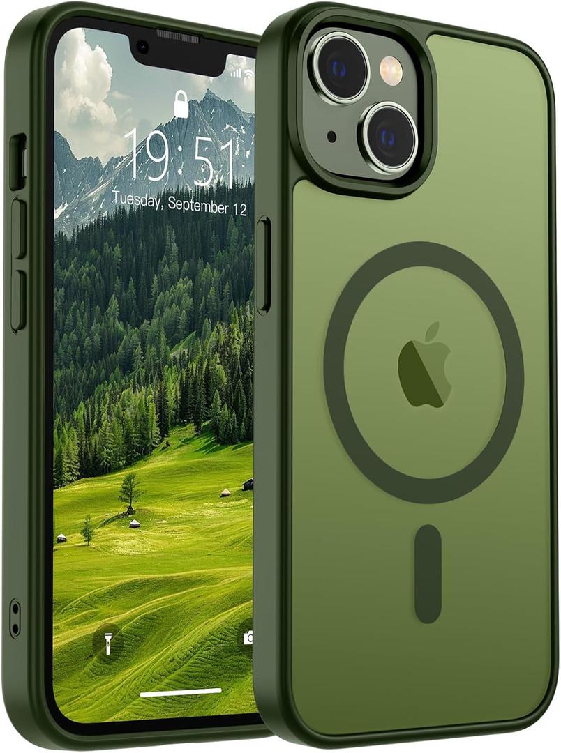 SUPFINE Magnetic for iPhone 14 Case & iPhone 13 Case (Compatible with MagSafe)(Military Grade Drop Protection) Translucent Matte Shockproof Phone Cover, Cangling Green
