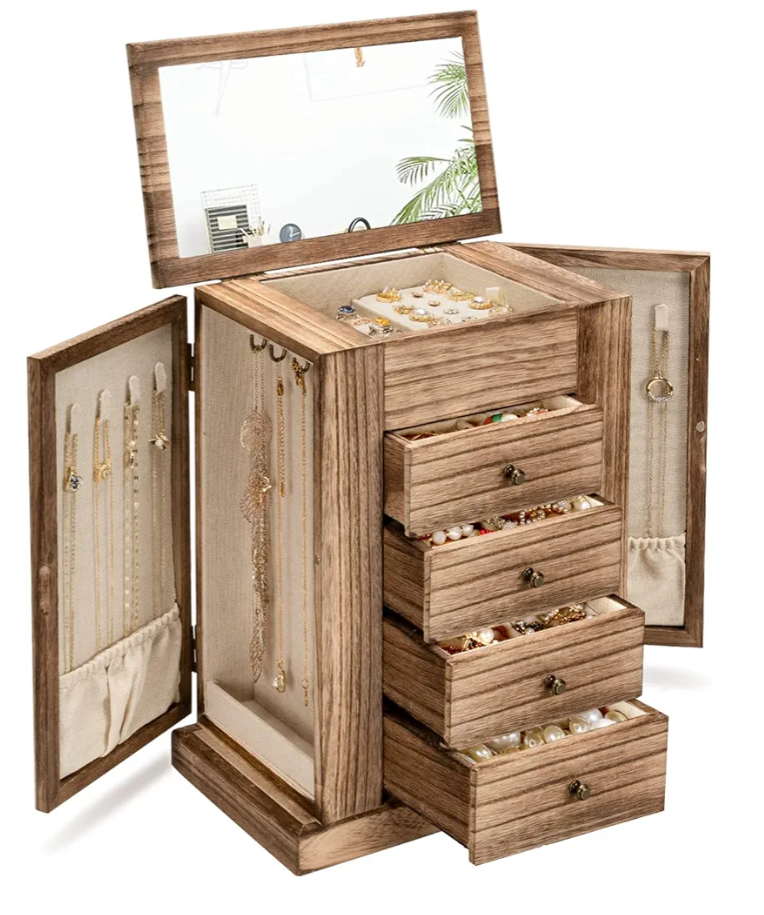 Emfogo Jewelry Box for Women, 5 Layer Large Wood Boxes & Organizers for Necklaces Earrings Rings Bracelets, Rustic Organizer with Drawers and Mirror(Carbonized Black)