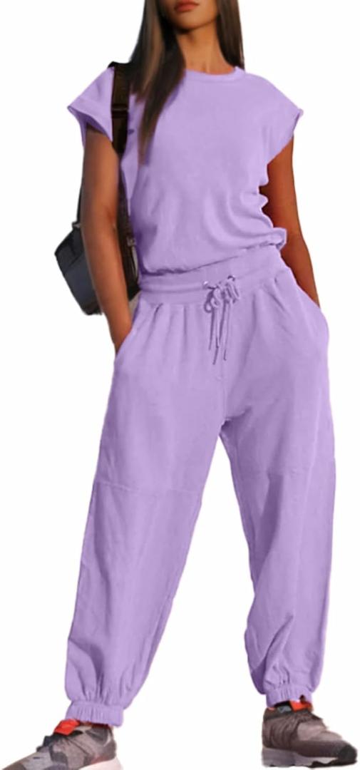 Glamaker Women's Casual Sleeveless One Piece Jumpsuits Loose Open Back Workout Onesie Summer Outfits With Pockets(Purple, XS)