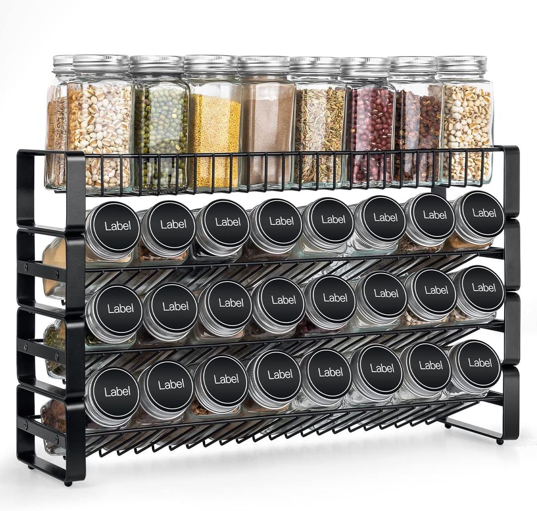 JONYJ 4 Tier Stackable Seasoning Rack Organizer, Detachable Countertop Spice Jar Rack for Cabinet, Freestanding , Black Frosted Iron Kitchen Counter Shelf (1 Flat layer 3 Tilt layer)