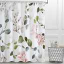 Sage Green Eucalyptus Shower Curtain, Watercolor Green and Pink Floral Shower Curtain Set with Hooks Waterproof Spring Botanical Bathroom Decor, 72x72 Inch