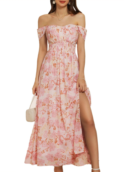 GRACE KARIN 2026 Women's Summer Floral Print Flowy A Line Maxi Dresses Sleeveless Smocked Off Shoulder Dress, Size L