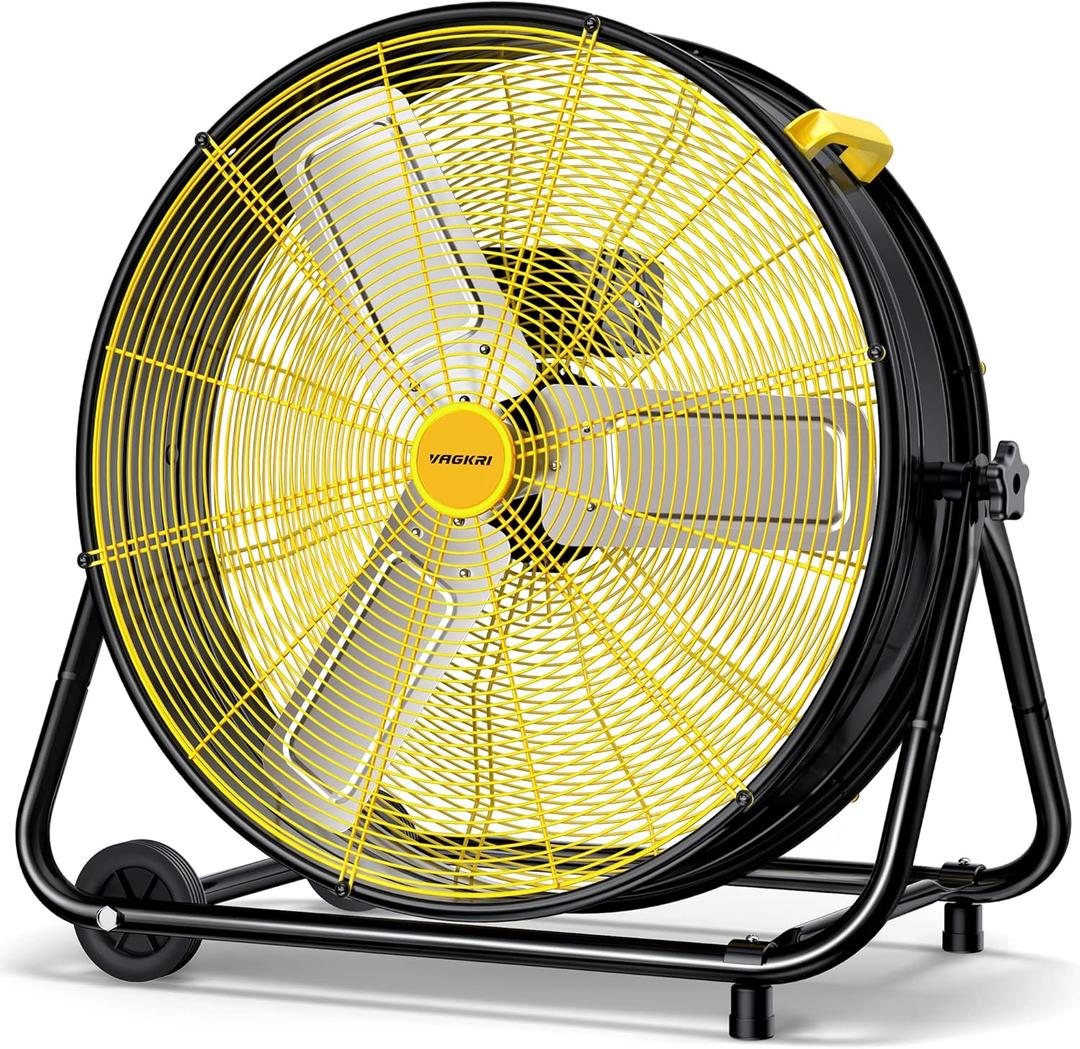 VAGKRI 24 Inch Industrial Drum Fan, 320W High Velocity Floor Fan, 3 Speed Heavy Duty Metal Air Circulator, 360 Tilt with Casters Handle ETL Standard for Patios, Warehouse, Commercial,Basement