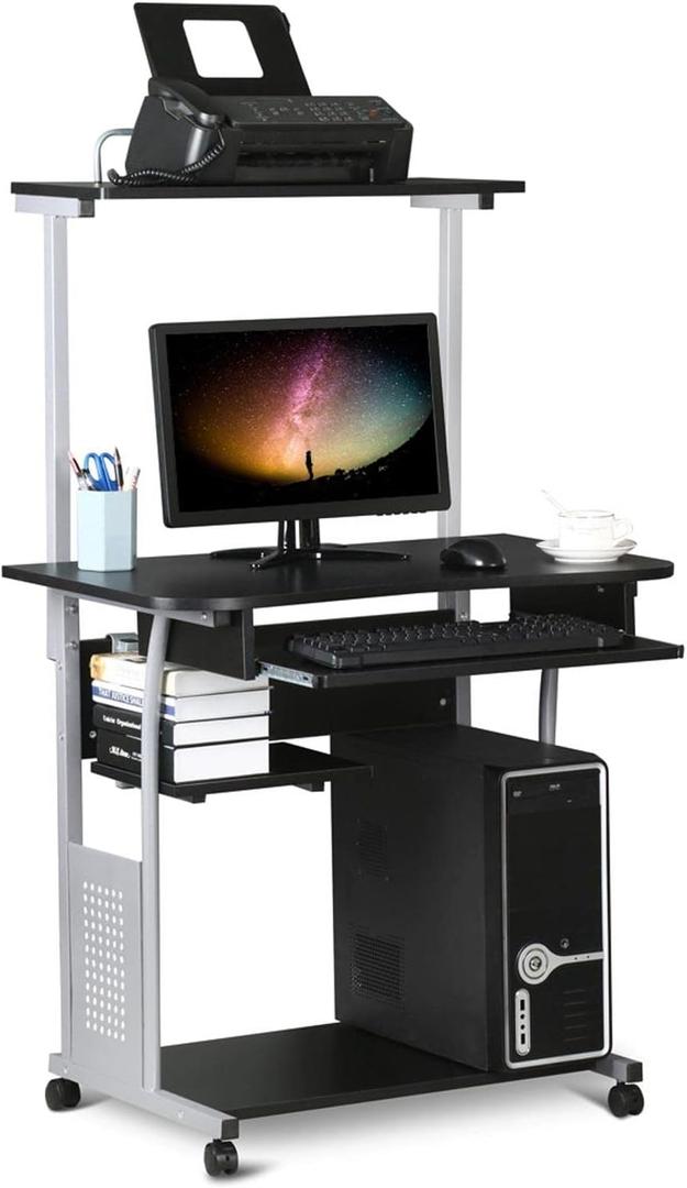 Yaheetech 2 Tier Mobile Computer Desk with Printer Shelf & Keyboard Tray Rolling Computer Table for Small Spaces, Compact Study Workstation with Wheels, Space Saving, Black
